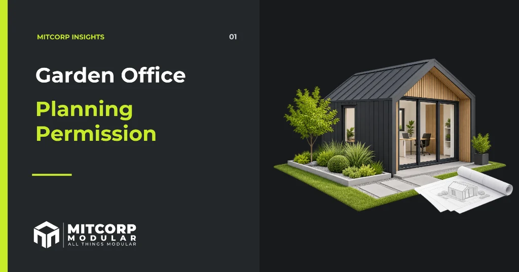 Branded cover illustration for Garden Office Planning Permission showing a modular garden office with glazed doors on a landscaped base.