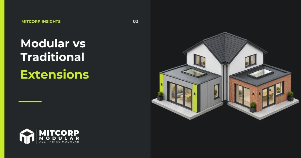 Branded cover illustration for Modular vs Traditional Extension showing a house with a modern flat-roof extension and a brick extension side by side.