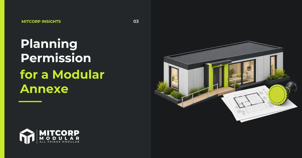 Branded cover illustration for Planning Permission for a Modular Annexe showing a single-storey modular annexe beside planning drawings.
