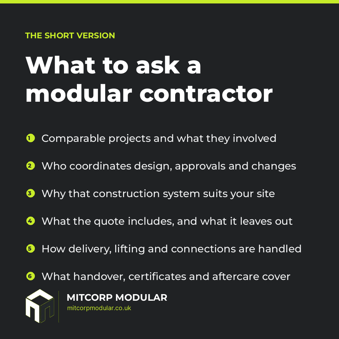 Branded graphic listing what to ask a modular building contractor